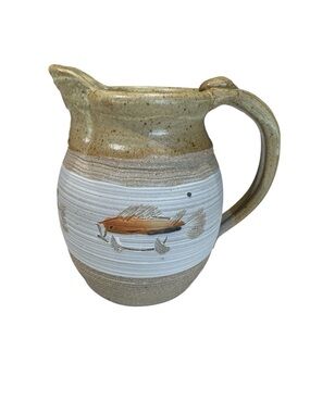Jim Reinert Pottery Rustic Beige and White Ceramic Fish & Shell Pitcher